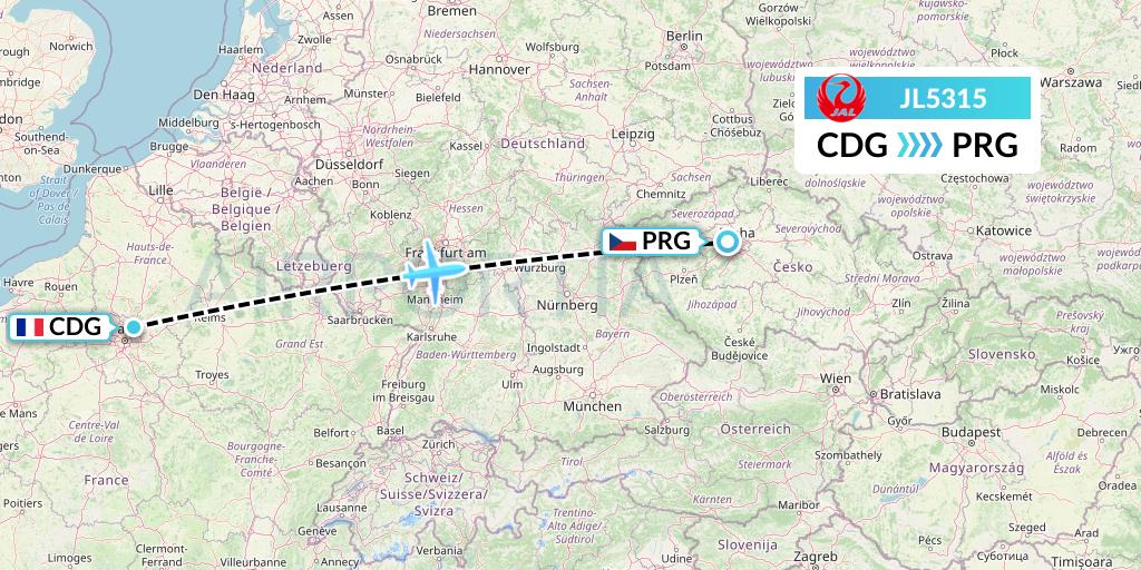 JL5315 Japan Airlines Flight Map: Paris to Prague