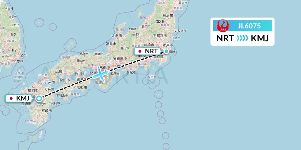 JL6075 Japan Airlines Flight Map: Tokyo to Kumamoto