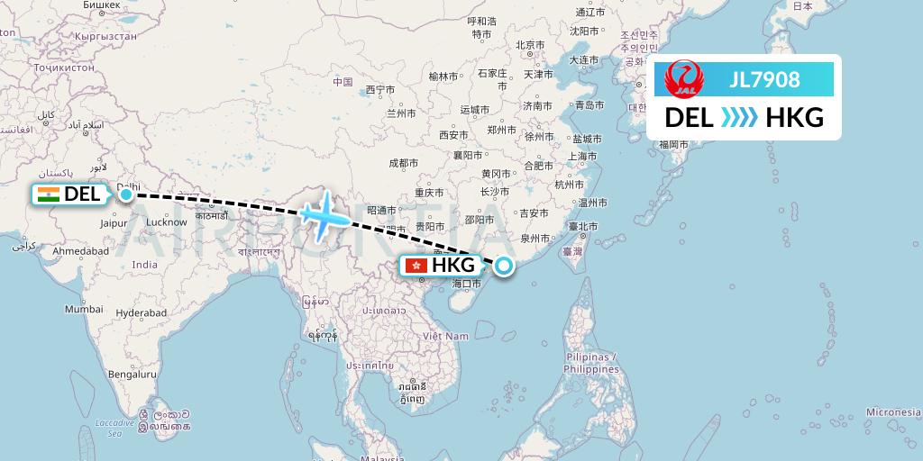 JL7908 Japan Airlines Flight Map: Delhi to Hong Kong