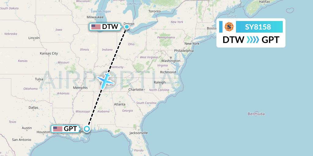 SY8158 Sun Country Airlines Flight Map: Detroit to Gulfport