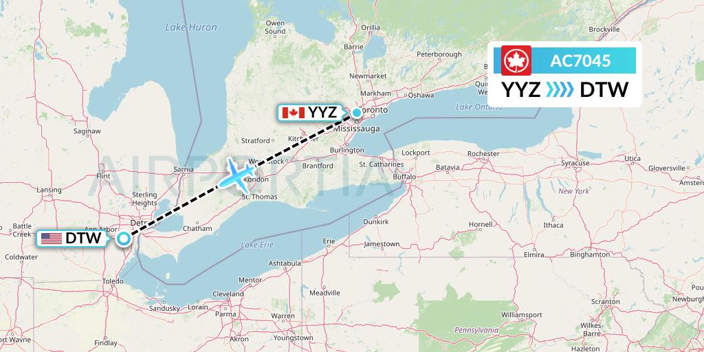 AC7045 Air Canada Flight Map: Toronto to Detroit