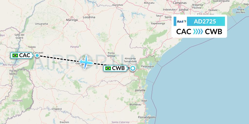 AD2725 Azul Brazilian Airlines Flight Map: Cascavel to Curitiba