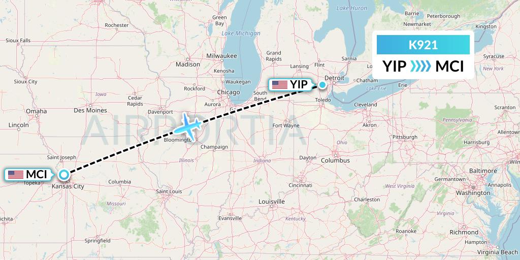 K921 Kalitta Charters Flight Map: Detroit to Kansas City