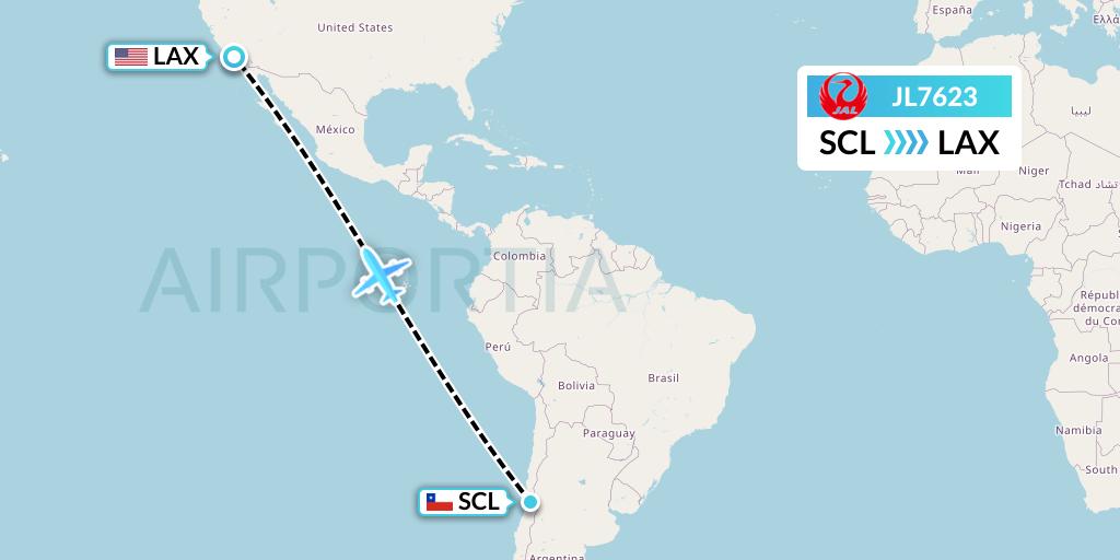 JL7623 Japan Airlines Flight Map: Santiago to Los Angeles
