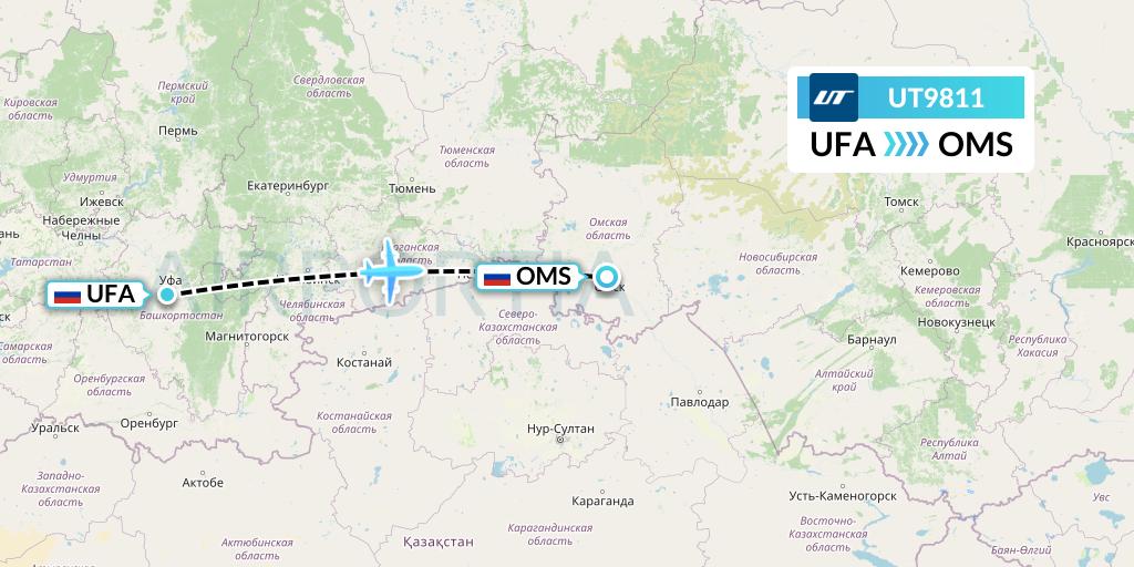 UT9811 UTair Flight Map: Ufa to Omsk