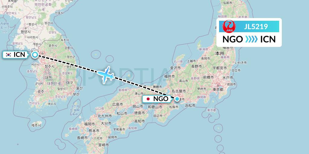 JL5219 Japan Airlines Flight Map: Nagoya to Seoul