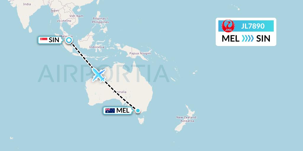 JL7890 Japan Airlines Flight Map: Melbourne to Singapore