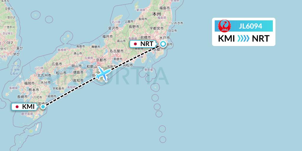 JL6094 Japan Airlines Flight Map: Miyazaki to Tokyo