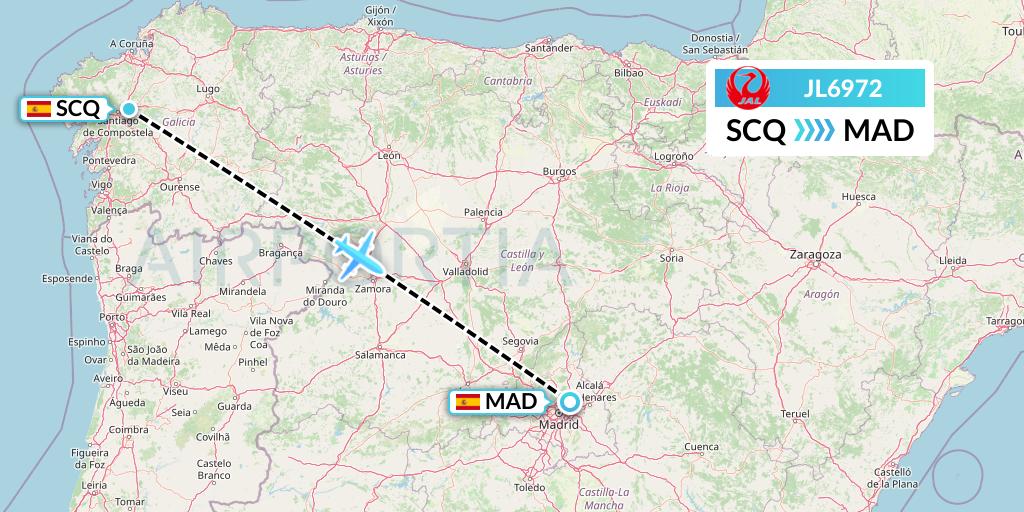 JL6972 Japan Airlines Flight Map: Santiago to Madrid