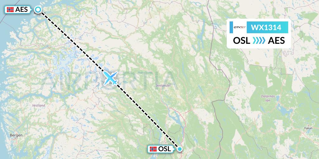 WX1314 Cityjet Flight Map: Oslo to Alesund