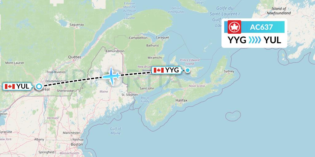 AC637 Air Canada Flight Map: Charlottetown to Montreal