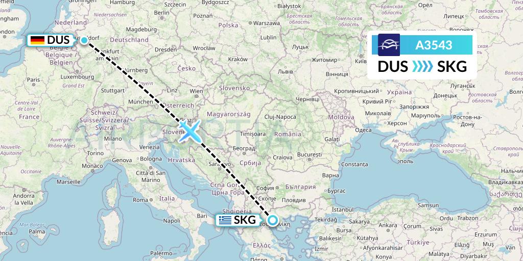 A3543 Aegean Airlines Flight Map: Dusseldorf to Thessaloniki