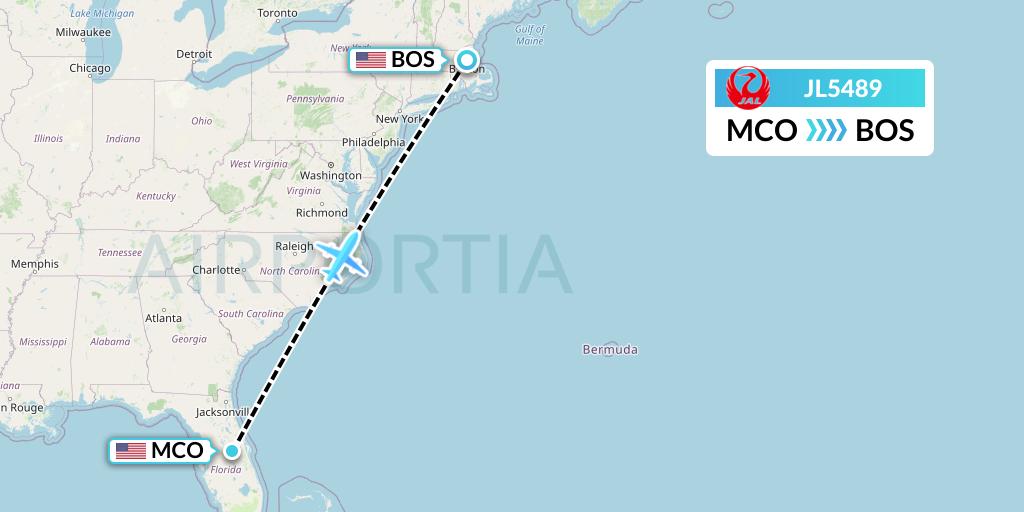 JL5489 Japan Airlines Flight Map: Orlando to Boston