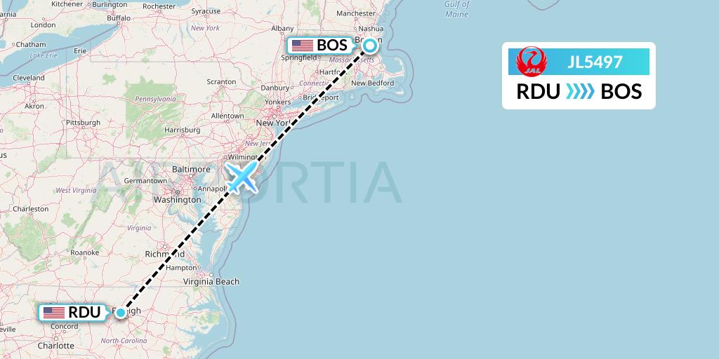 JL5497 Japan Airlines Flight Map: Raleigh-Durham to Boston