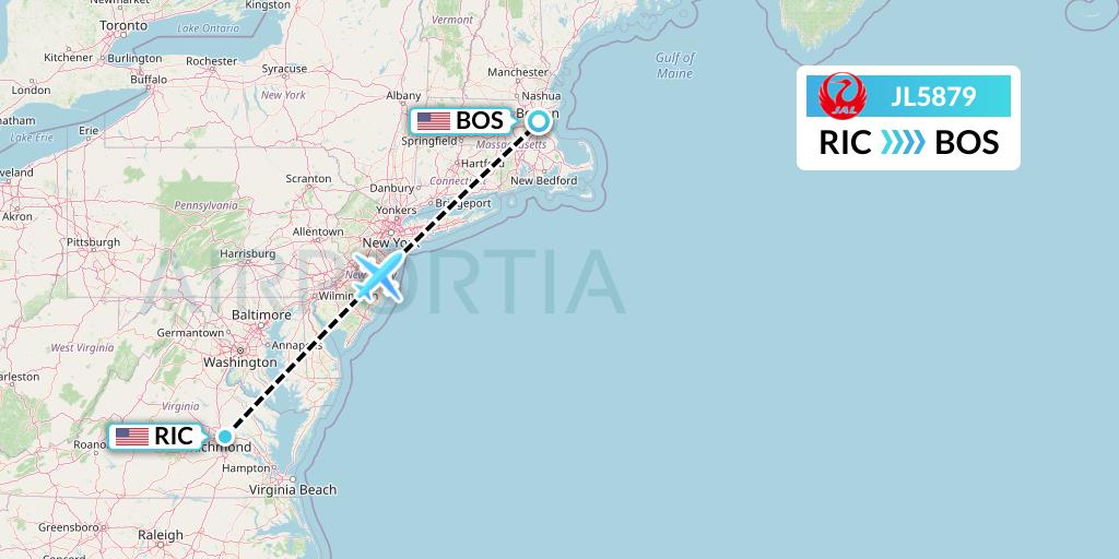 JL5879 Japan Airlines Flight Map: Richmond to Boston