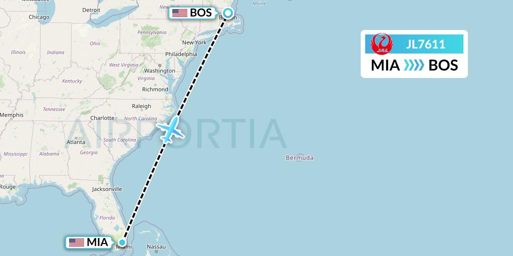 JL7611 Japan Airlines Flight Map: Miami to Boston