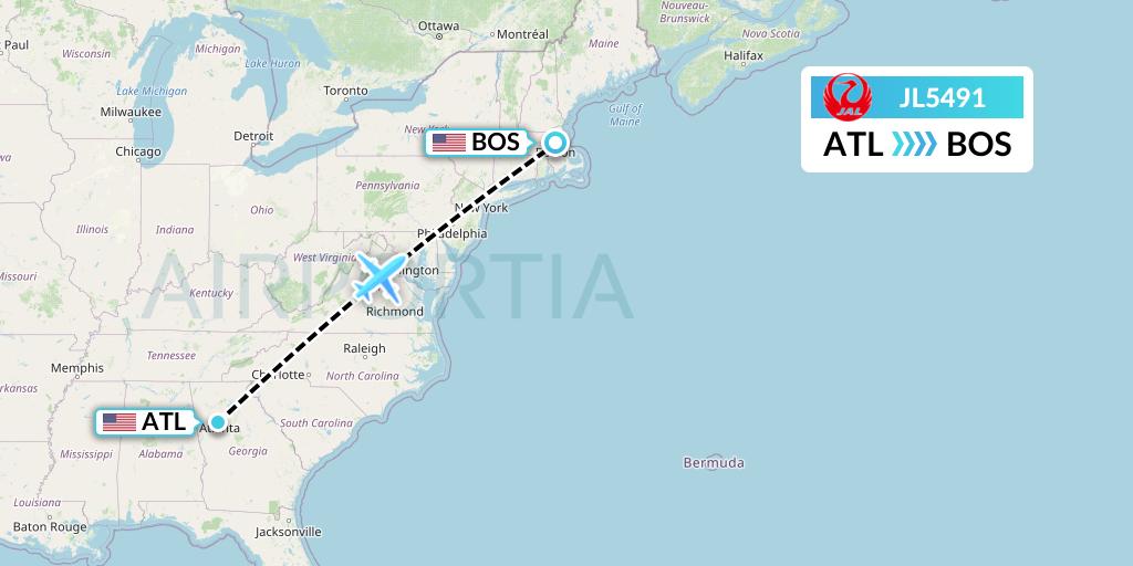 JL5491 Japan Airlines Flight Map: Atlanta to Boston