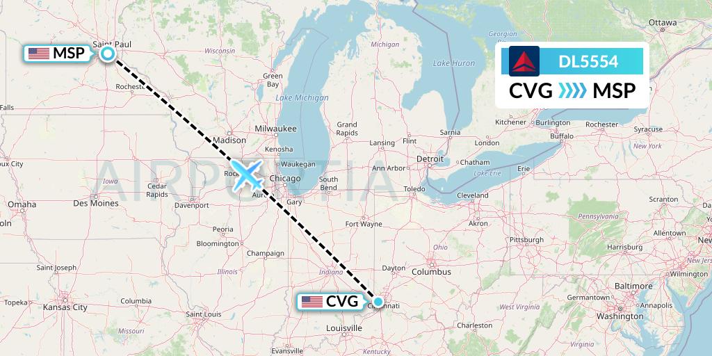 DL5554 Delta Air Lines Flight Map: Cincinnati to Minneapolis