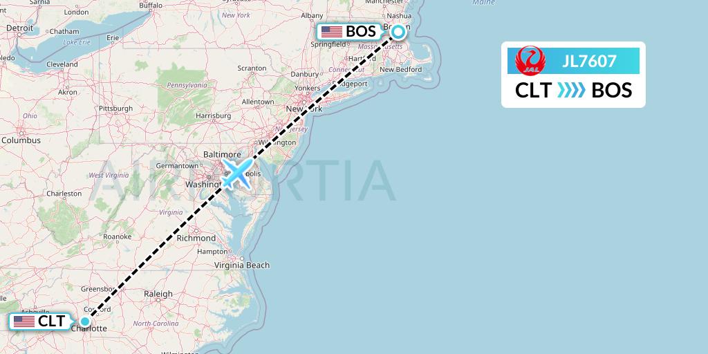 JL7607 Japan Airlines Flight Map: Charlotte to Boston