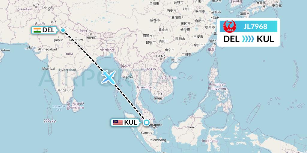 JL7968 Japan Airlines Flight Map: Delhi to Kuala Lumpur