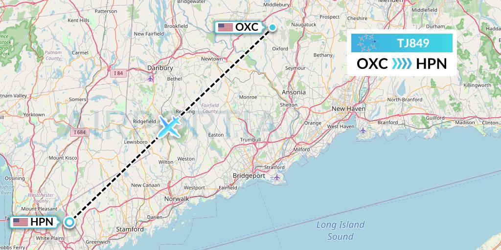 TJ849 Tradewind Aviation Flight Map: Oxford to White Plains