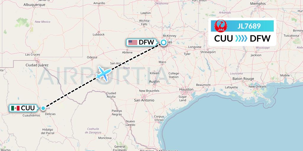 JL7689 Japan Airlines Flight Map: Chihuahua to Dallas
