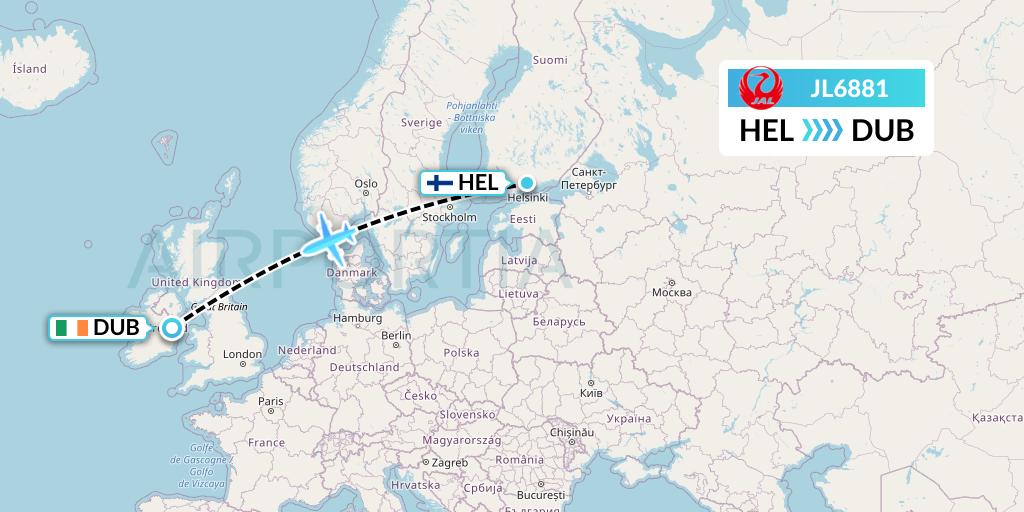 JL6881 Japan Airlines Flight Map: Helsinki to Dublin