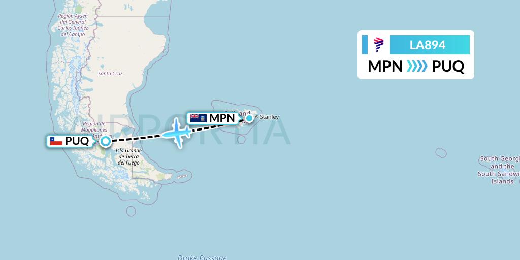 LA894 LAN Airlines Flight Map: Mount Pleasant to Punta Arenas