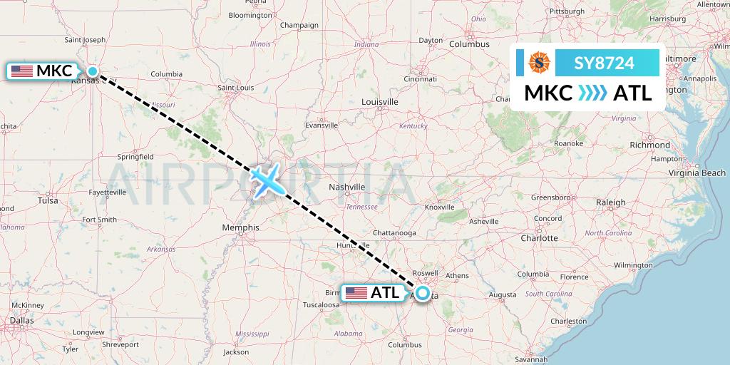 SY8724 Sun Country Airlines Flight Map: Kansas City to Atlanta