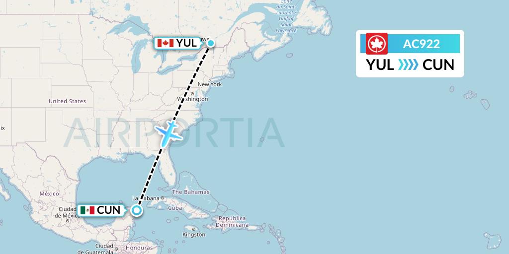 AC922 Air Canada Flight Map: Montreal to Cancun