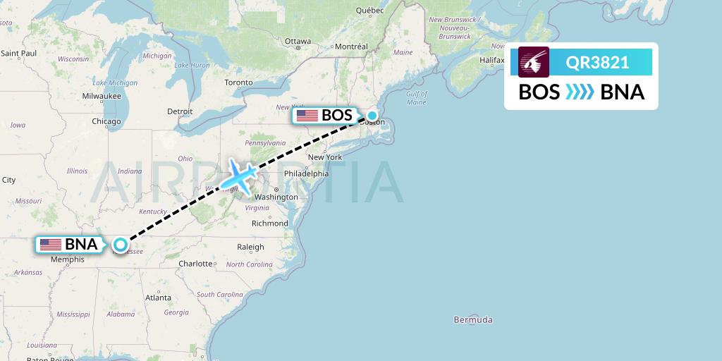 QR3821 Qatar Airways Flight Map: Boston to Nashville