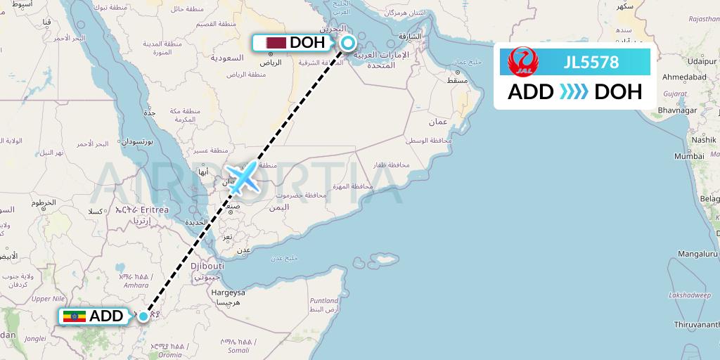 JL5578 Japan Airlines Flight Map: Addis Ababa to Doha