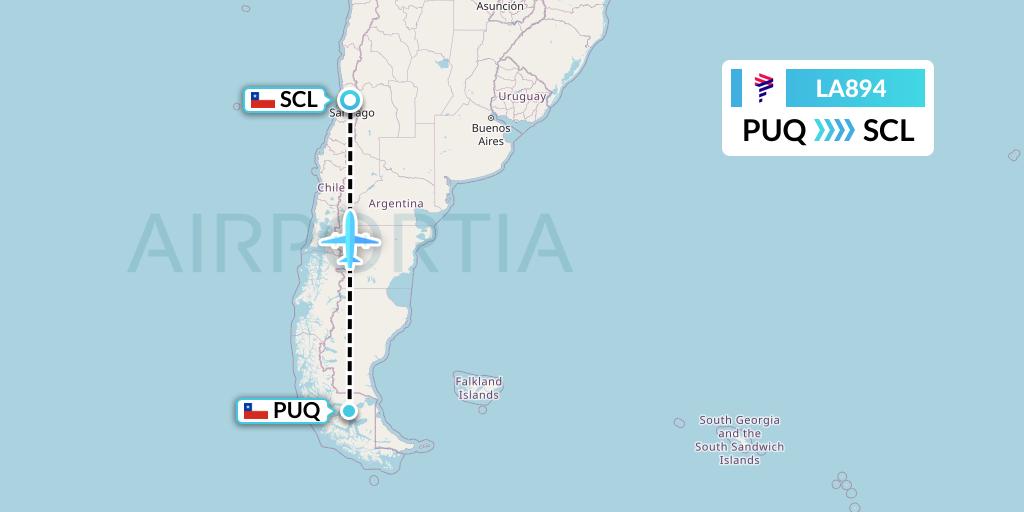 LA894 LAN Airlines Flight Map: Punta Arenas to Santiago