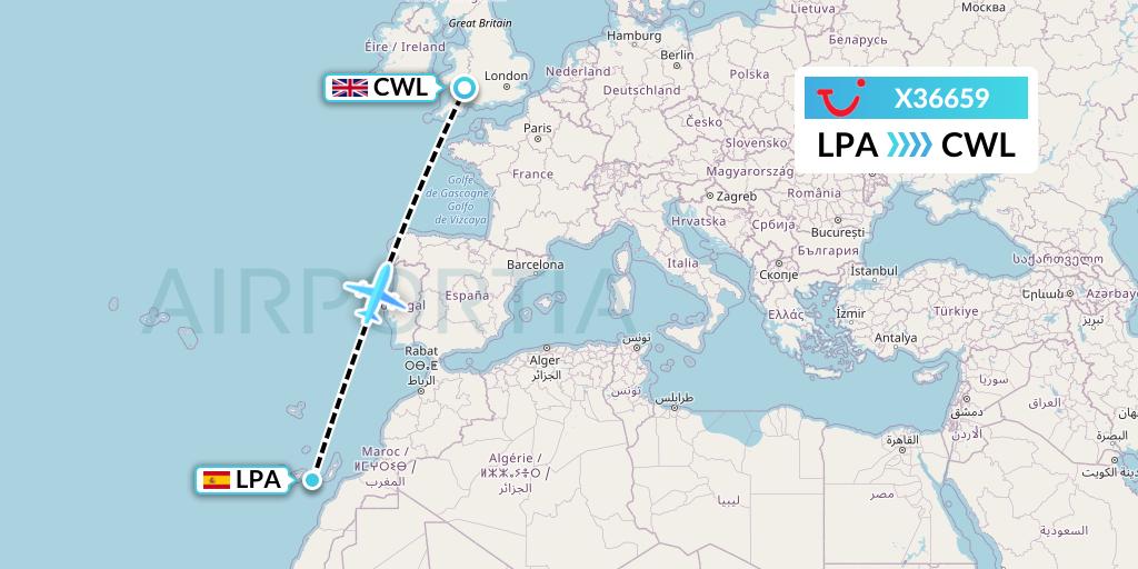 X36659 TUI fly Germany Flight Map: Las Palmas to Cardiff