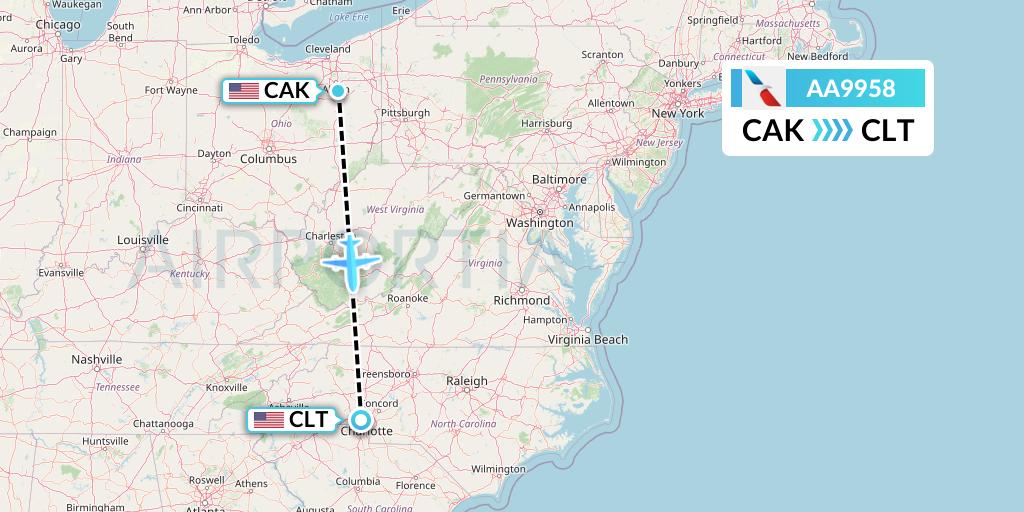 AA9958 American Airlines Flight Map: Akron to Charlotte