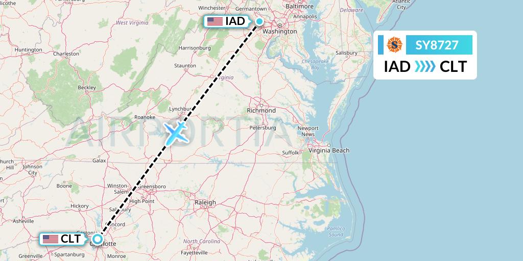 SY8727 Sun Country Airlines Flight Map: Washington to Charlotte