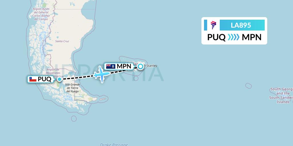 LA895 LAN Airlines Flight Map: Punta Arenas to Mount Pleasant