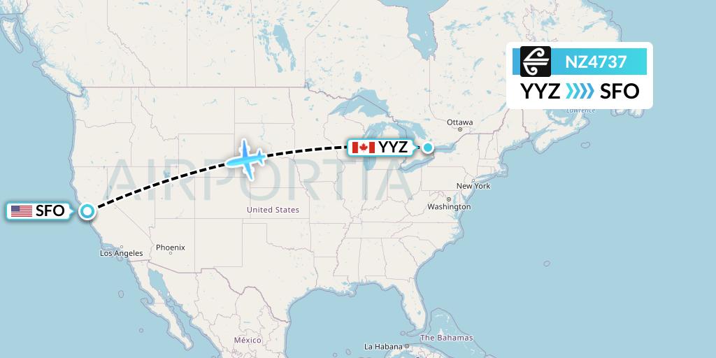 NZ4737 Air New Zealand Flight Map: Toronto to San Francisco