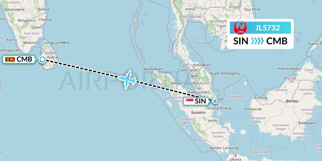 JL5732 Japan Airlines Flight Map: Singapore to Colombo