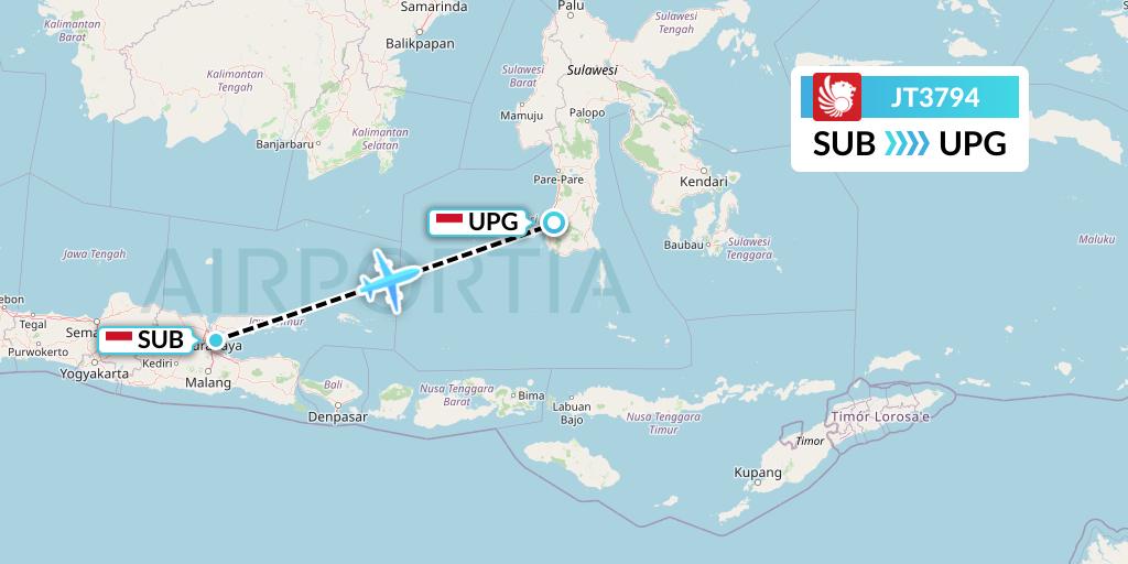 JT3794 Lion Airlines Flight Map: Surabaya to Makassar