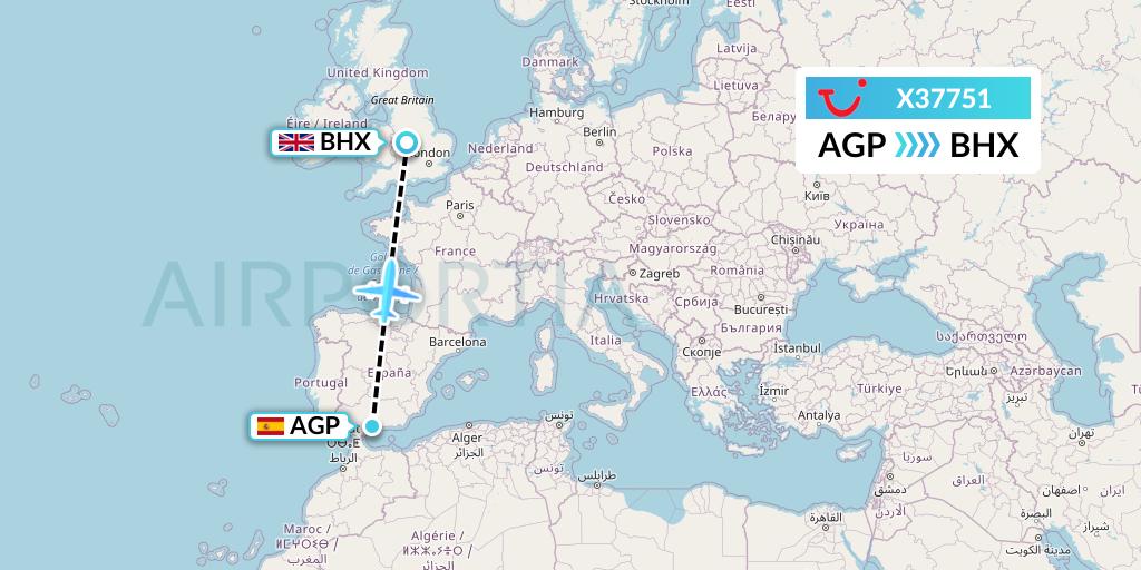 X37751 TUI fly Germany Flight Map: Malaga to Birmingham
