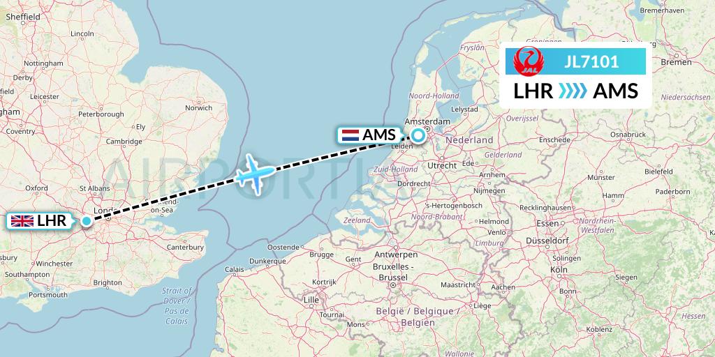 JL7101 Japan Airlines Flight Map: London to Amsterdam