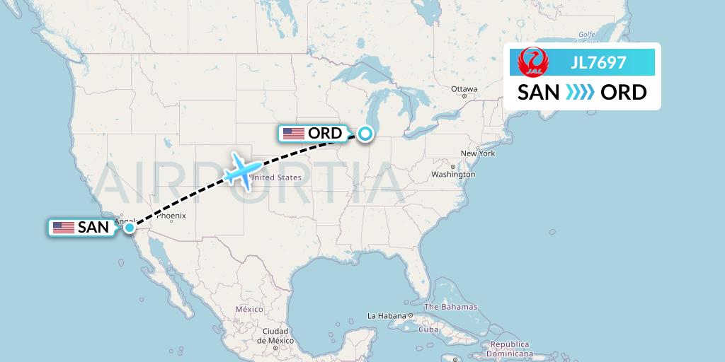 JL7697 Japan Airlines Flight Map: San Diego to Chicago