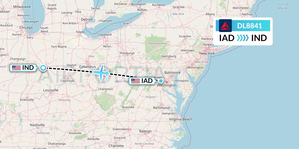 DL8841 Delta Air Lines Flight Map: Washington to Indianapolis