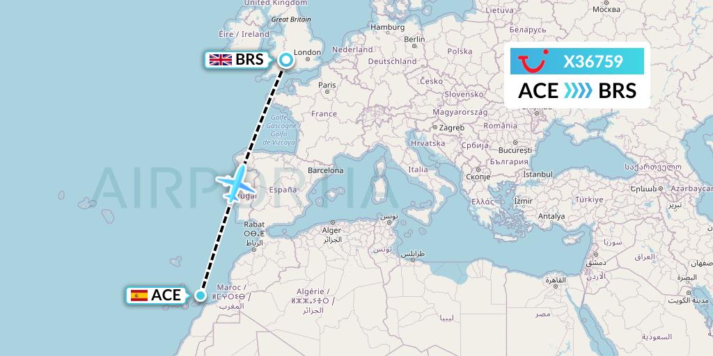 X36759 TUI fly Germany Flight Map: Lanzarote to Bristol