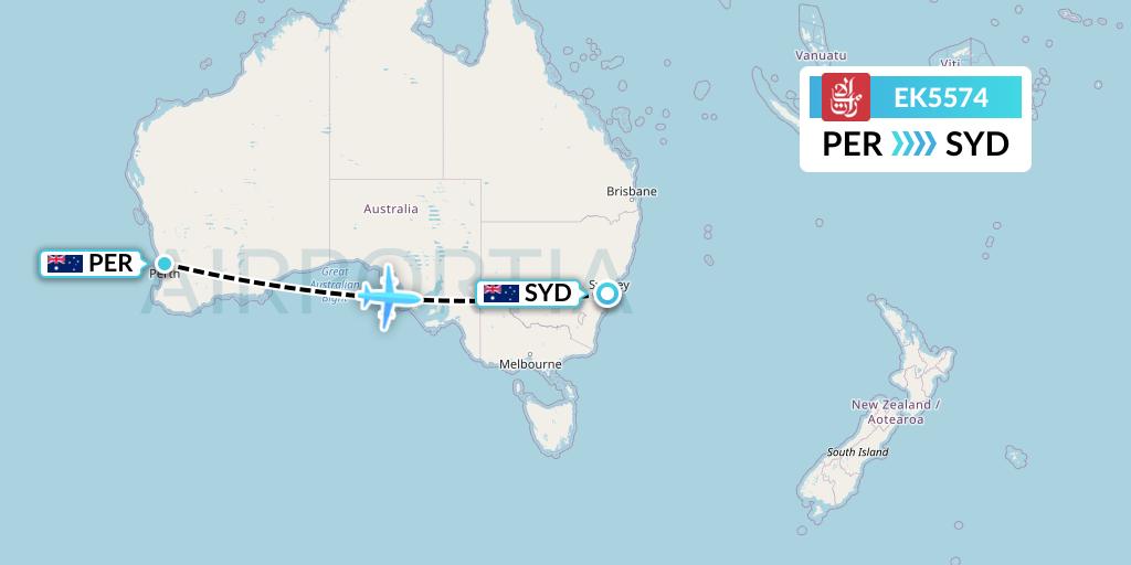 EK5574 Emirates Flight Map: Perth to Sydney