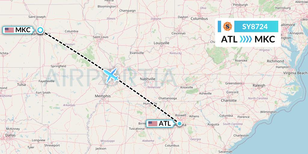SY8724 Sun Country Airlines Flight Map: Atlanta to Kansas City