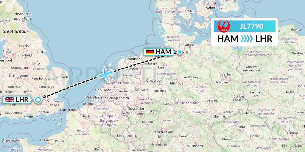 JL7790 Japan Airlines Flight Map: Hamburg to London