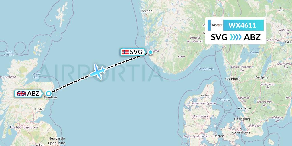 WX4611 Cityjet Flight Map: Stavanger to Aberdeen