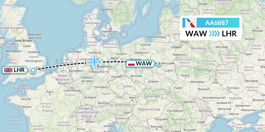 AA6887 American Airlines Flight Map: Warsaw to London